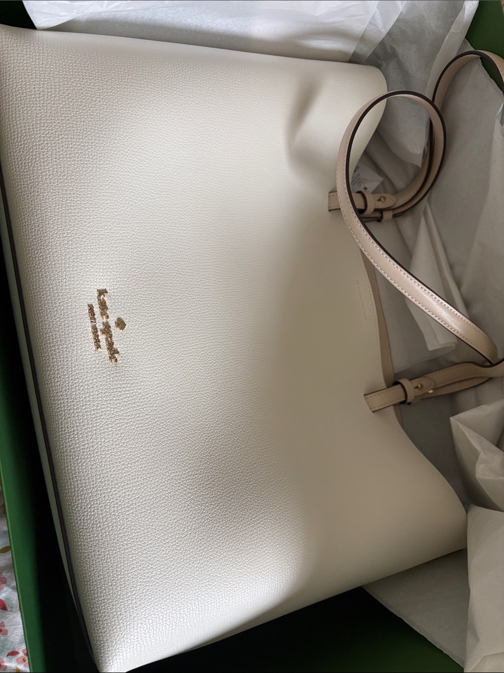 kate spade Cream Pebbled Leather Tote with Gold Logo